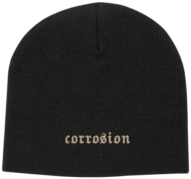 Corrosion beanie in black with tan blackletter embroidery